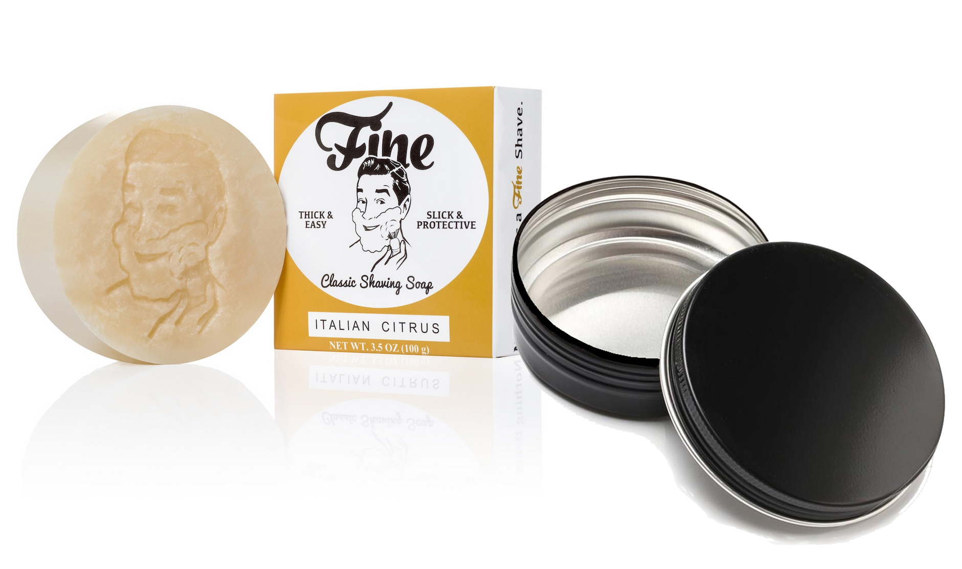 FINE ACCOUNTREMENTS - ( ITALIAN CITRUS ) SHAVING SOAP WITH FREE BLACK METAL SHAVING SOAP METAL CONTAINER - 100G AUSTRALIA