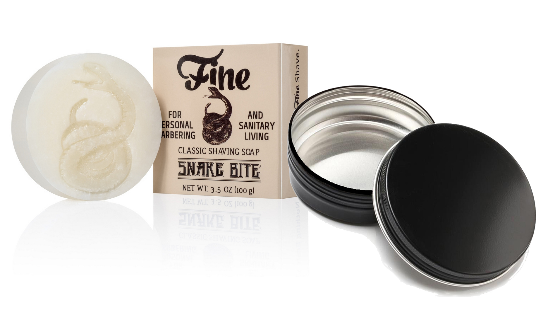 FINE ACCOUNTREMENTS - ( SNAKE BITE ) SHAVING SOAP WITH FREE BLACK METAL SHAVING SOAP METAL CONTAINER - 100G AUSTRALIA