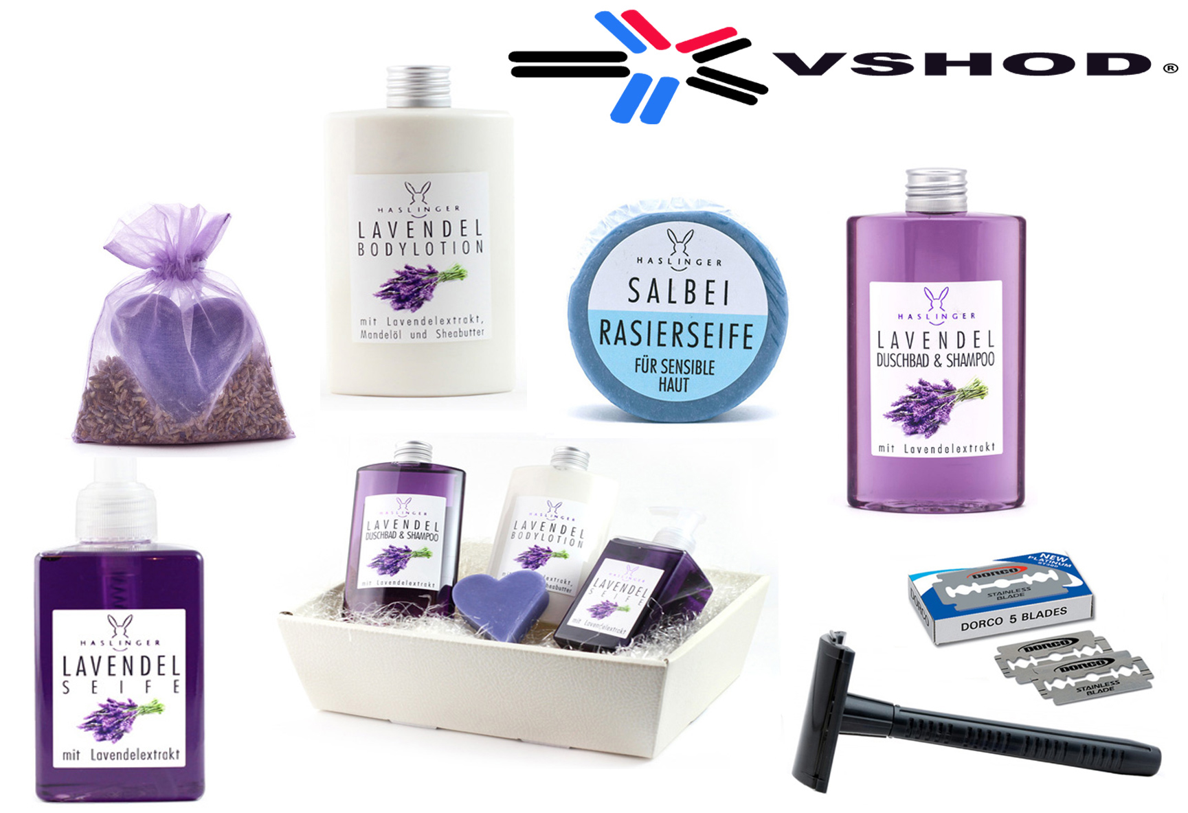 HASLINGER SEIFEN- LAVENDEL ( LAVENDER ) - DORCO SHAVING SET WITH A DORCO PL-602 ADJUSTABLE SAFETY RAZOR - AUSTRALIA