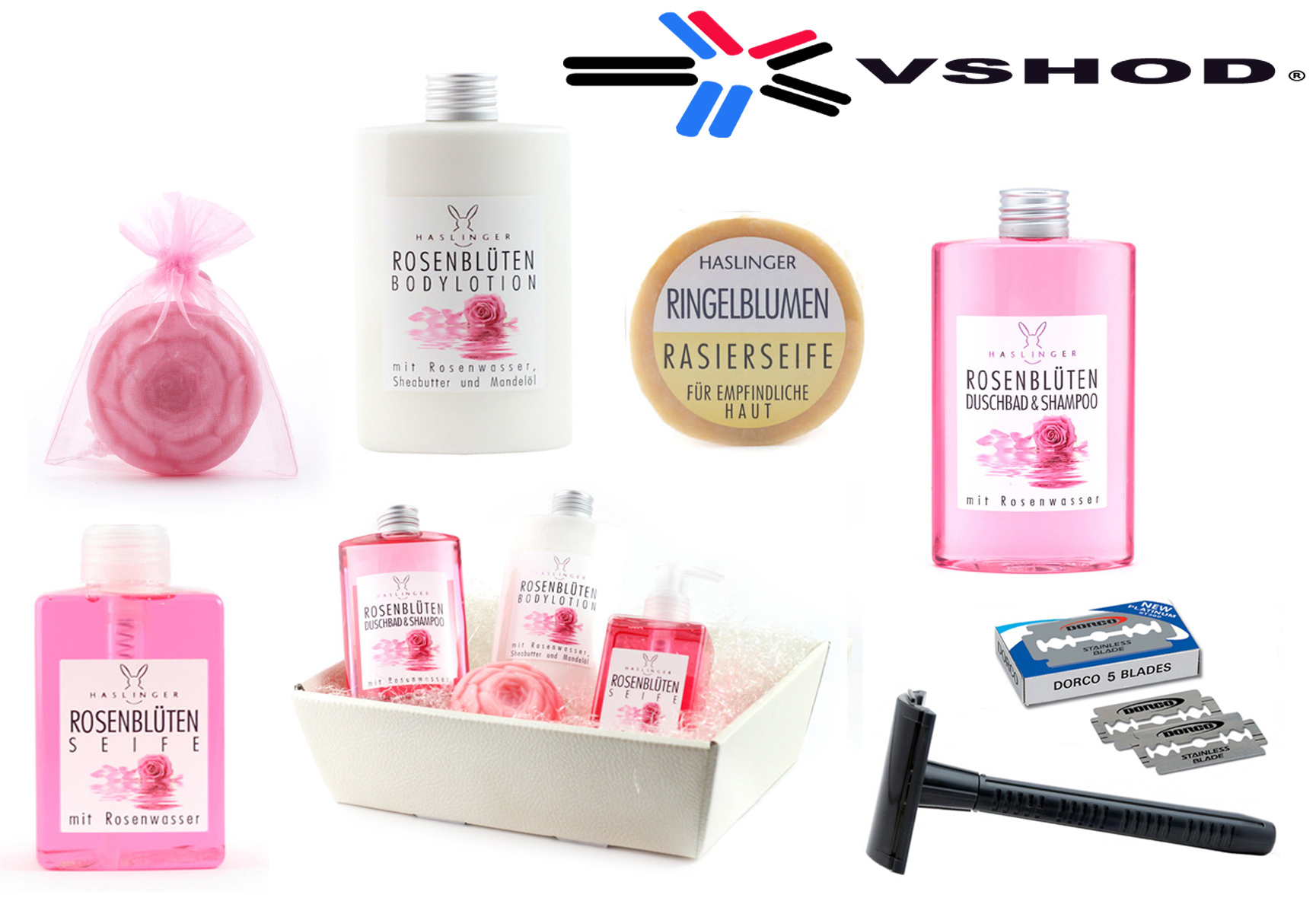 HASLINGER - ROSENBLUTEN ( ROSE ) - SHAVING SET WITH A DORCO PL-602 ADJUSTABLE SAFETY RAZOR - AUSTRALIA