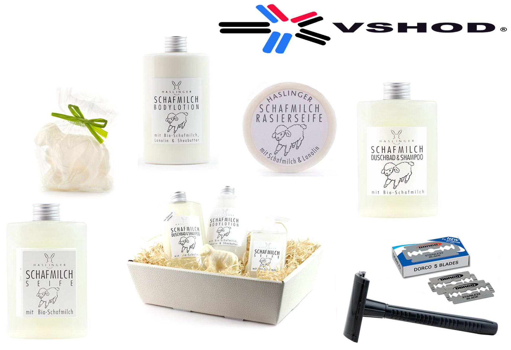 HASLINGER SEIFEN UND KOSMETIK GMBH - SCHAFMILCH RASIERSEIFE SHAVING SET / SHAVE KIT WITH ADJUSTABLE SAFETY RAZOR - AUSTRALIA