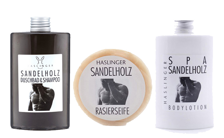 HASLINGER - SPA SANDELHOLZ ( SANDALWOOD ) SHAVING SOAP 63G / SPA SANDELHOLZ SHAMPOO 200ML / SPA SANDELHOLZ BODYLOTION 200ML GIFT SET - AUSTRALIA