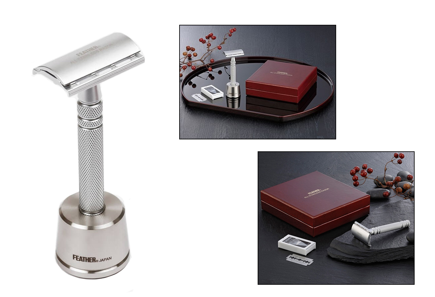 FEATHER AS-D2S- STAINLESS STEEL - DOUBLE EDGE ( DE ) SAFETY RAZOR WITH FEATHER RAZOR STAND - AUSTRALIA