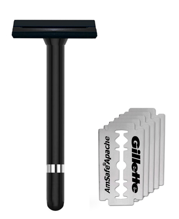GILLETTE 7 O'CLOCK BLACK SAFETY RAZOR AUSTRALIA - ( + 5 GILLETTE RAZOR BLADES ) 
