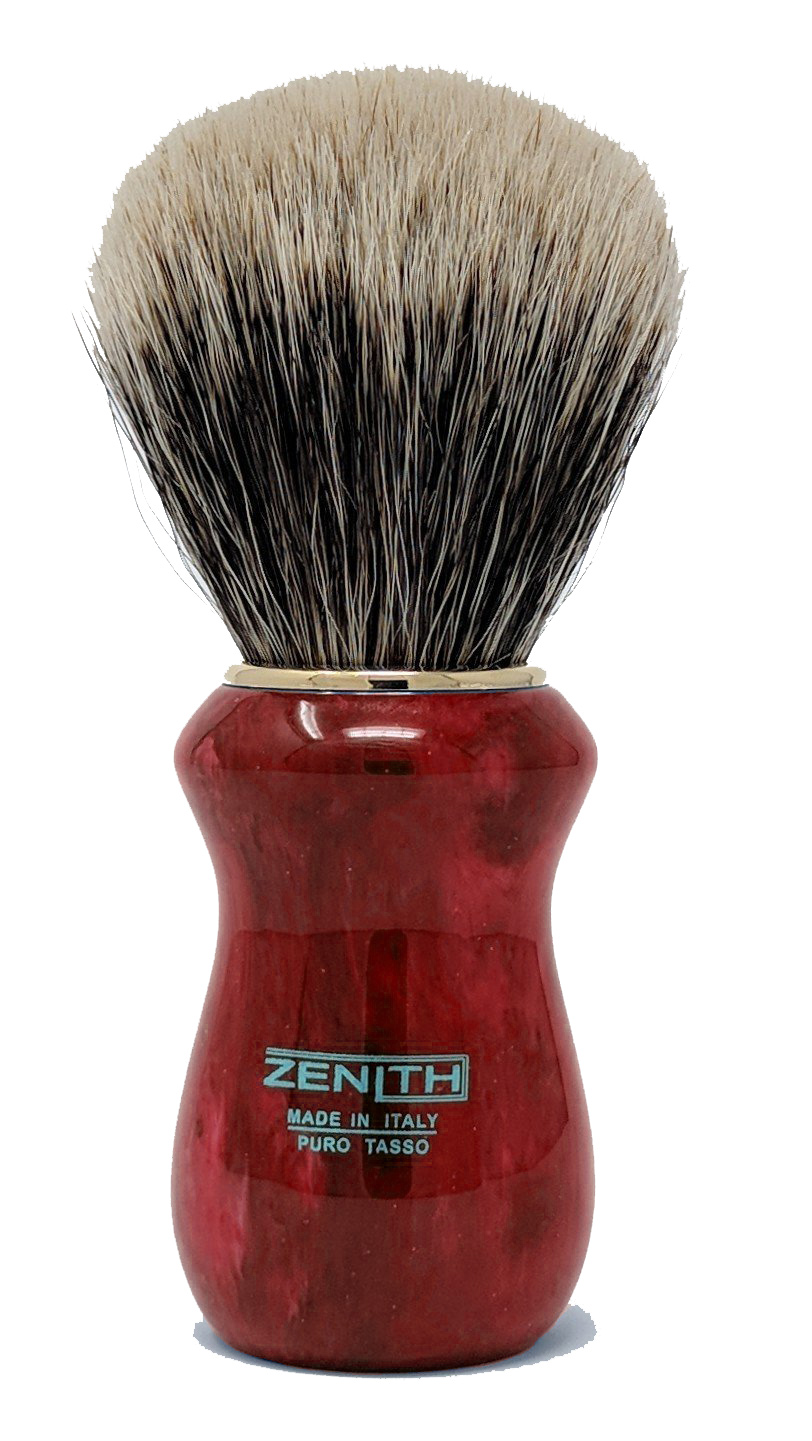 ZENITH MANCHURIAN BADGER SHAVING BRUSH - WITH SCARLET / CORAL RESIN HANDLE  - 26mm - AUSTRALIA