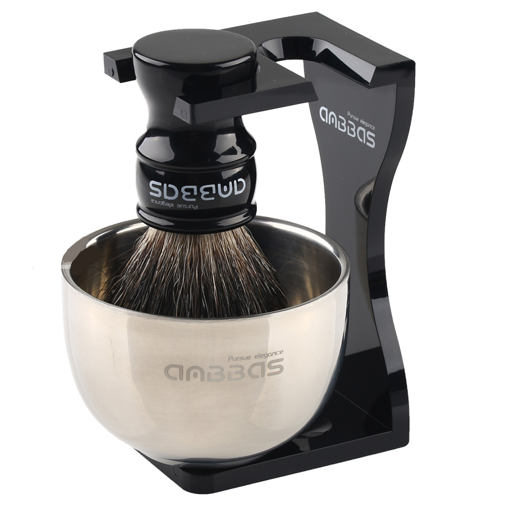 BLACK Pure Badger Shaving Brush + Stainless Steel Shaving Bowl + Safety Razor Stand Australia