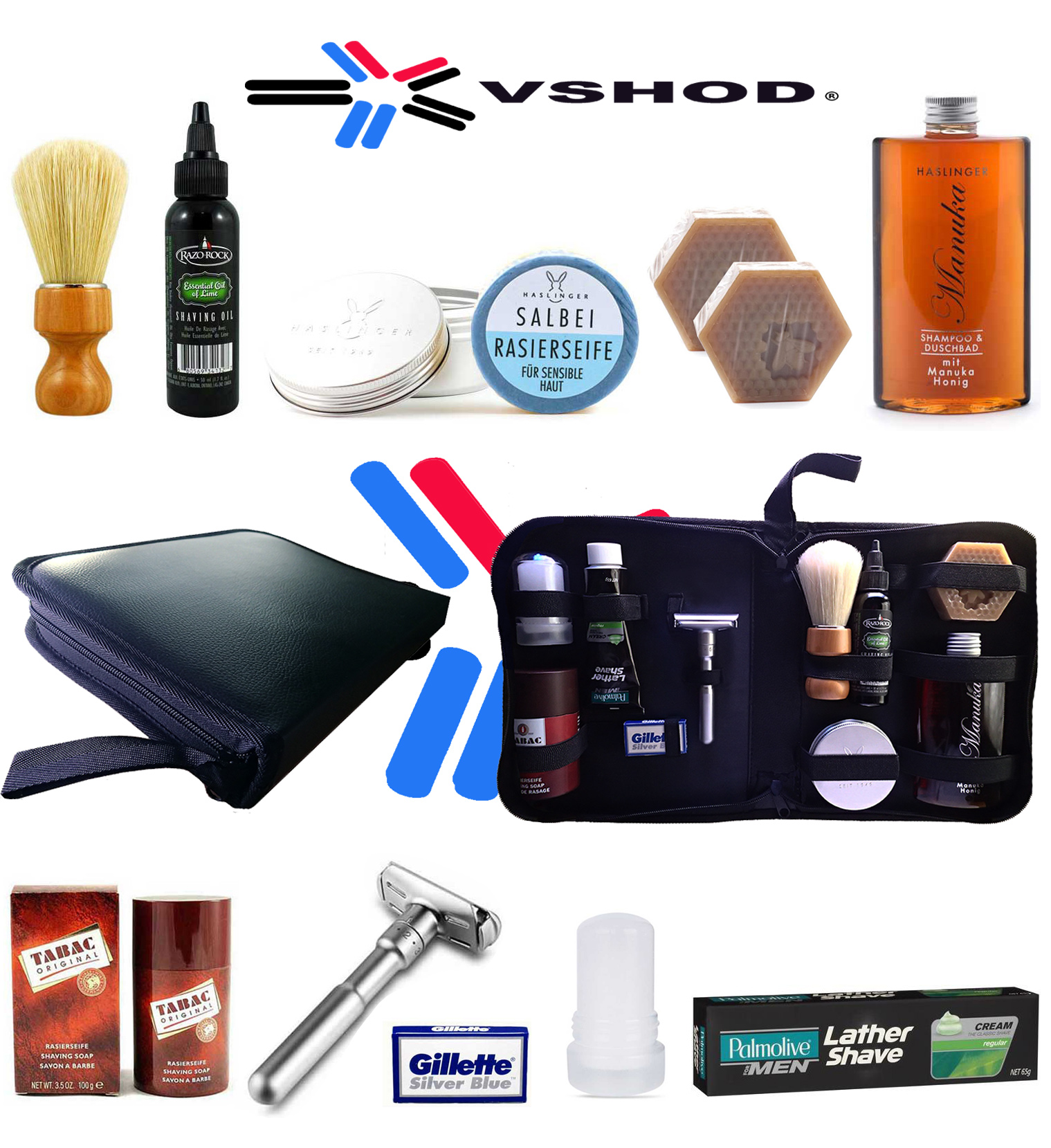 TRAVEL SHAVING SET - RAZOROCK / HASLINGER / PALMOLIVE / TABAC / GILLETTE SHAVING KIT AUSTRALIA