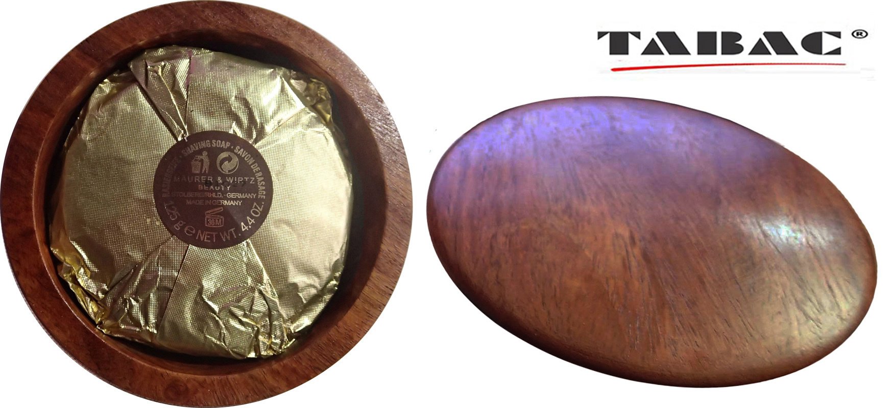 TABAC SHAVING SOAP - AUSTRALIA / TABAC 125G REFILL PUCK IN A WOODEN MAHOGANY BOWL