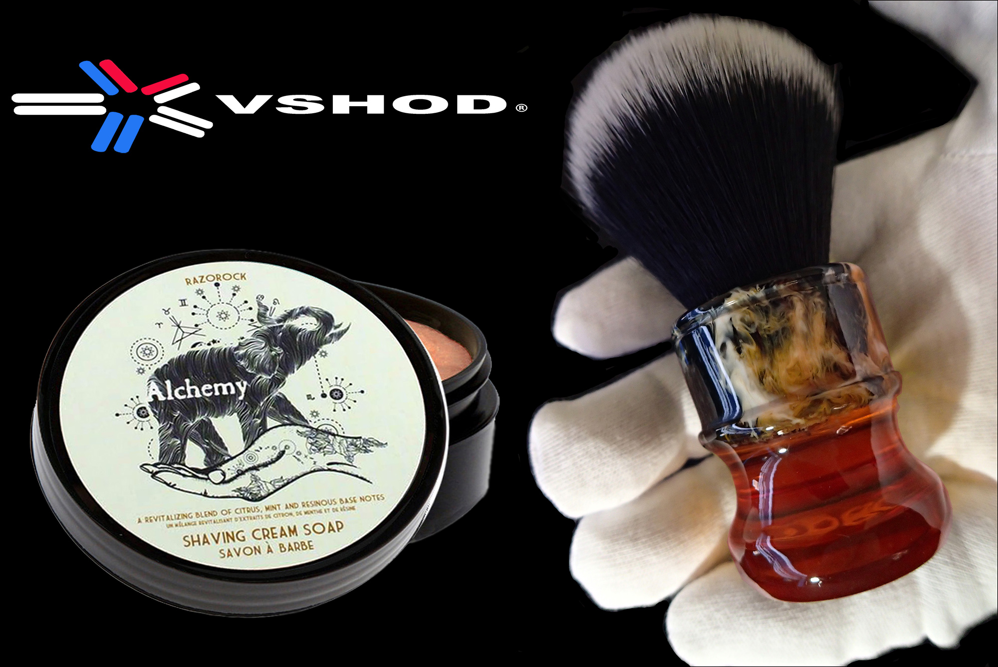 RAZOROCK ALCHEMY SHAVING SOAP AND A CUSTOM - SYNTHETIC SHAVING BRUSH - 24mm HANDMADE ( HAND - TURNED AMBER / BLOOD / ORANGE - MARBLE RESIN SHORT BARBER HANDLE )  - AUSTRALIA