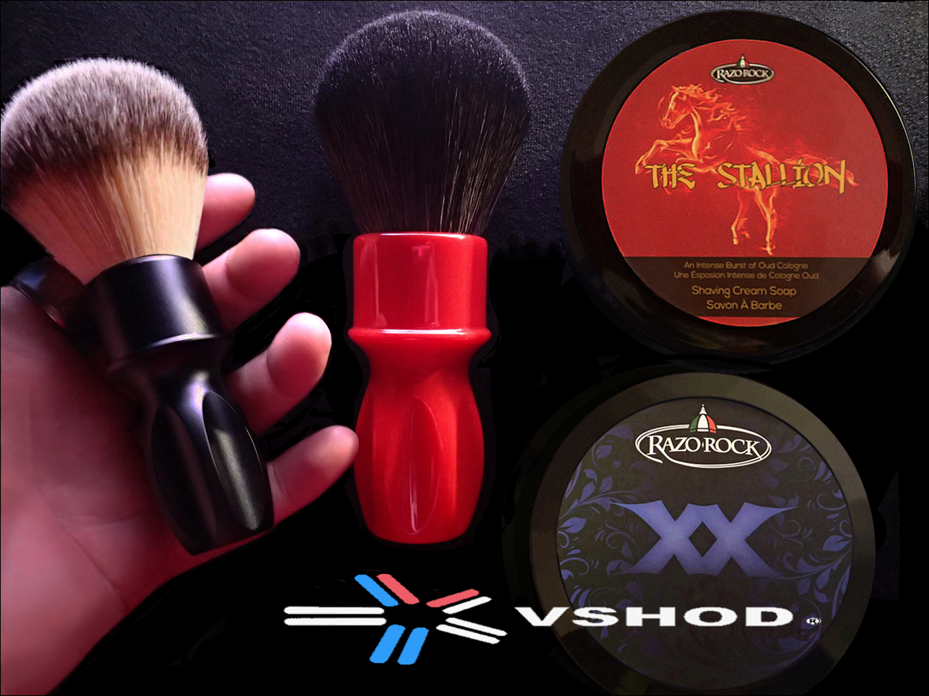 RAZOROCK SHAVING BRUSHES - 400 MATTE BLACK ALUMINIUM HANDLE & F400 34mm FERRARI RED - GLOSS RESIN HANDLE