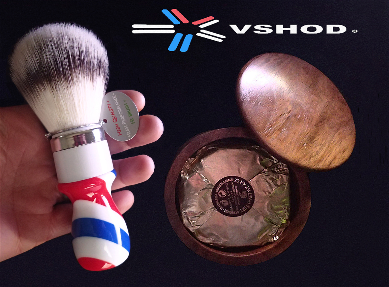 SYNTHETIC FIBRE BARBER POLE SHAVING BRUSH - WITH SOLID RESIN BLUE RED AND WHITE HANDLE AND TABAC SHAVING SOAP - AUSTRALIA