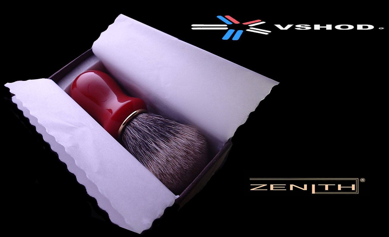 ZENITH SHAVING BRUSH -  AUSTRALIA  MANCHURIAN OR SILVERTIP BADGER HAIR BRUSH ( WITH SCARLET / COARAL RESIN HANDLE )