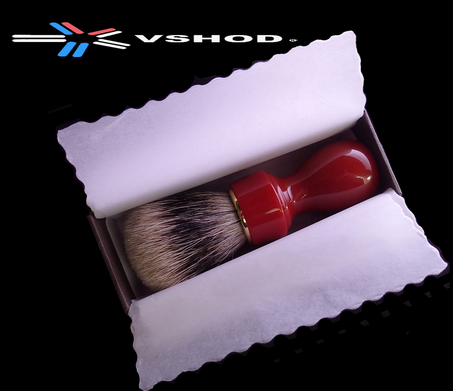 ZENITH SHAVING BRUSH - MANCHURIAN BADGER OR SILVERTIP BADGER SHAVE BRUSH ( WITH SCARLET RED / ORANGE - CORAL RESIN BARBERS HANDLE )